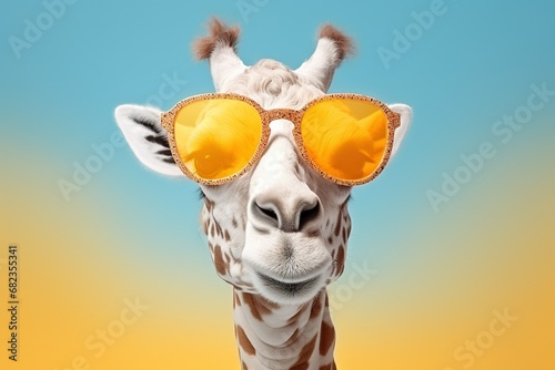 Creative animal concept. giraffe lamb in sunglass shade glasses isolated on solid pastel background  surreal surrealism