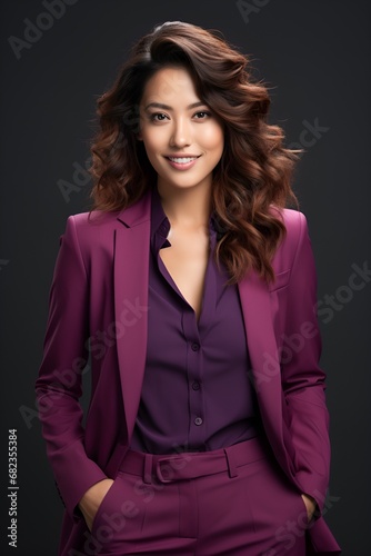 A portrait of a confident, smiling Asian businesswoman posing for a corporate photograph in a studio.