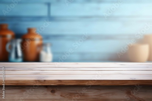 Creative mock concept. Empty blue wooden table top in front of country kitchen in retro rustic grunge style blurred background. Template for product presentation display. 3D rendering