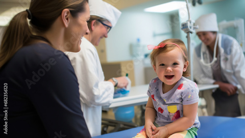 A cute joyful toddler baby sits on a hospital bed for a routine exam with a smiling doctor beside. Concept of child wellness, preventive care, importance of health attention and regular health check