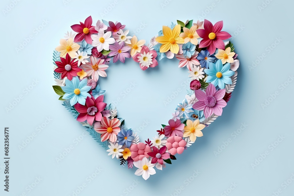 Flower composition. Heart symbol made of multi colored flowers on a light background. Flat lay, top view. copy space