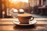 A mug of coffee on a table in a cafe against the background of a sunny city. Copy space