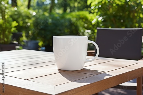 White mug on a table in a cafe, a sunny summer day. Mockup. Copy space