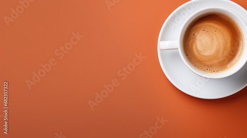 A cup of coffee on a orange table, top view, copy space