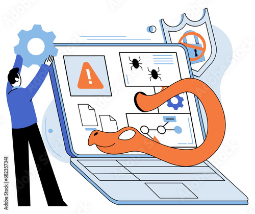 Malware spyware virus. Vector illustration. Bugs in software ccreate vulnerabilities hackers exploit Hacking attempts on internet are constant concern Spam emails often contain malware and phishing