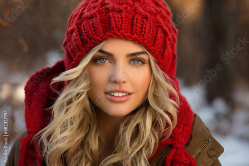 portrait of a beautiful woman in winter, bright sunny day and snow