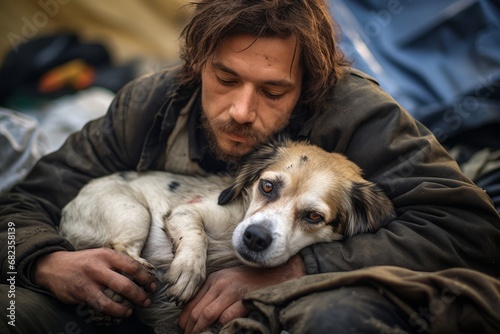 Homeless people with their stray dogs on city streets, housing problem