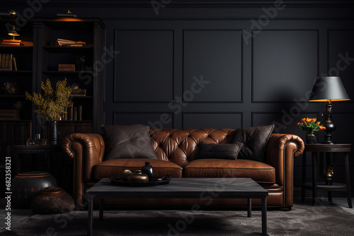 The view of a classic black raised paneling wall living room with the luxury brown leather sofa and dark coffee table set, carpet, and monochrome painting in a dark wooden frame. Generative AI.