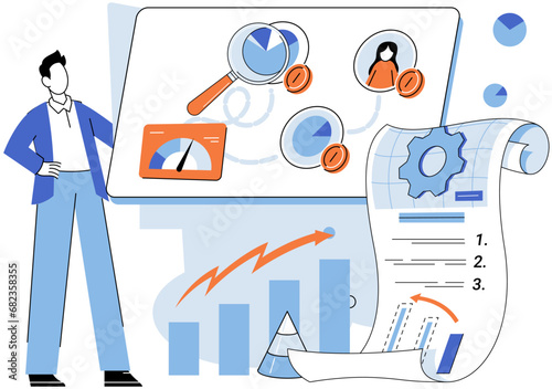 Key metrics. Vector illustration. The statistic report highlights key metrics for evaluating performance Key metrics metaphorically act as compass guiding strategic decisions Metrics provide