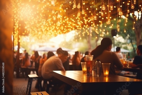 Bokeh background of Street Bar beer restaurant  People sit chill out and hang out dinner and listen to music together in Avenue