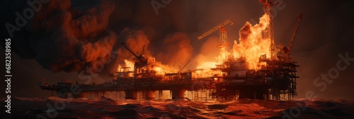 Fire on an oil rig in the sea or ocean, oil burns, environmental pollution, banner