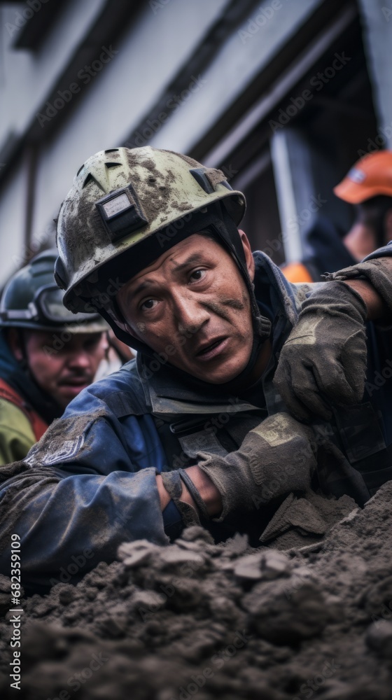 Rescuers search for survivors under the rubble of destroyed houses after powerful earthquake