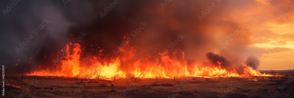 Fire on the field, the steppe is burning, the crop is destroyed due to fire, banner