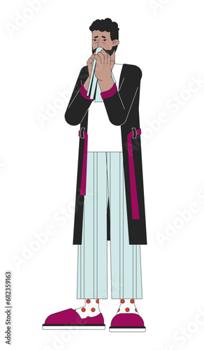 Handkerchief sneezing line cartoon flat illustration. Black adult man nose running 2D lineart character isolated on white background. Flu epidemic. Nasal congestion symptom scene vector color image