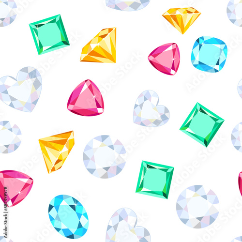 Gems on white background. Diamonds seamless pattern. Vector cartoon flat illustration of jewelry. 