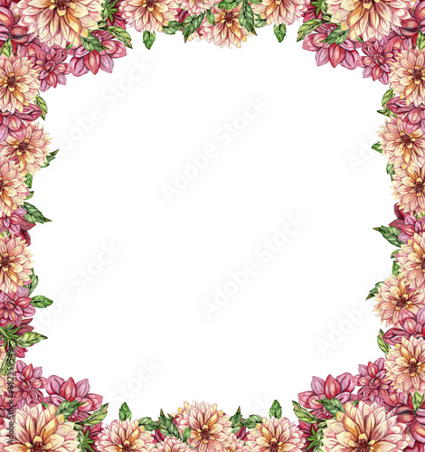 Fototapeta Naklejka Na Ścianę i Meble -  Flowers square frame with dahlia, watercolor illustration for cards, backgrounds. Watercolor illustration for scrapbooking. Hand drawn background with flower for your design. Perfect for wedding invit