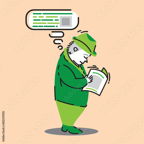 A Man in a Hat Stands Reading a Newspaper