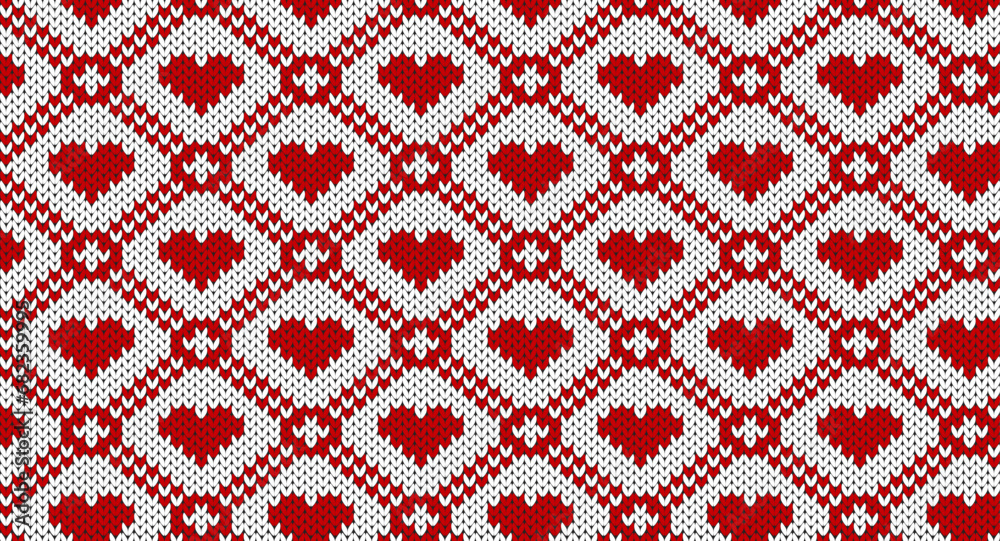 Red geometric and heart on white knitted pattern, Festive Sweater Design. Seamless Knitted Pattern - obrazy, fototapety, plakaty 