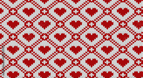 Red geometric and heart on white knitted pattern, Festive Sweater Design. Seamless Knitted Pattern