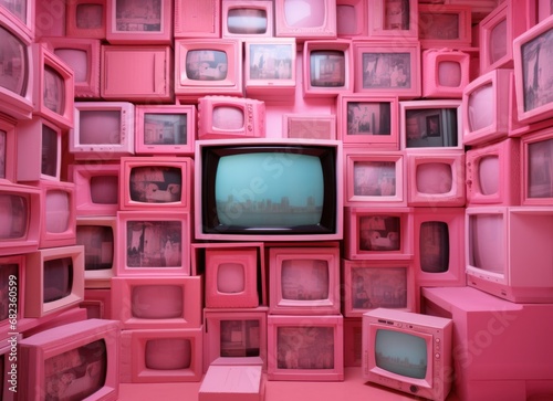 A striking array of pink vintage televisions with a prominent central tv showcasing a skyline