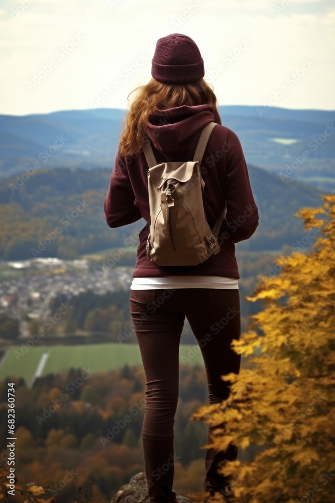 Back view of a woman hiker observing a vast landscape of rolling autumn hills during a fall hike Back view of a woman hiker observing a vast landscape of rolling autumn hills during a fall hike