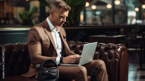 Businessman with laptop working in airport lounge