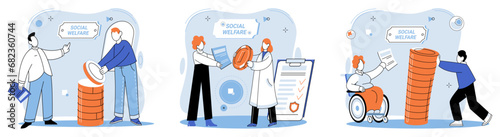 Social welfare. Vector illustration. Volunteering is selfless act contributes to betterment society and social welfare Independence and self-sufficiency are core principles social welfare programs