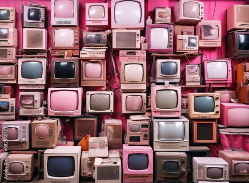 Various vintage television models stacked against a wall, displaying a retro feel