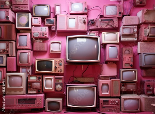 Vibrant assorted collection of vintage televisions on a striking pink background