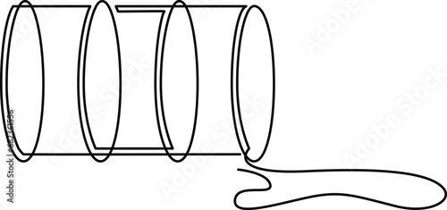 Metal barrel with leaking liquid. Continuous line drawing. Vector illustration.