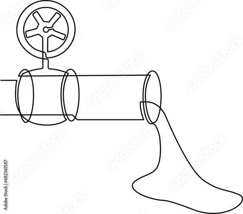 Metal pipe with liquid flowing out. Continuous line drawing. Vector illustration.