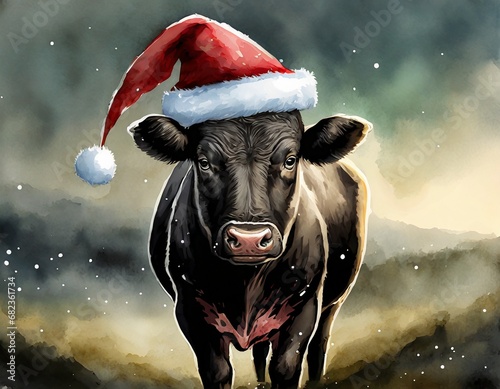 Cow with santa hat photo