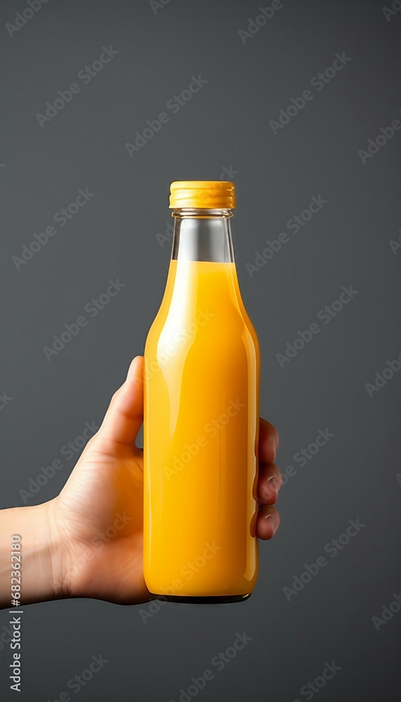 hand holding bottle of fresh orange juice, Juice Bottle Mock-Up - Male hands holding a juice bottle on a gray background hand holding bottle of fresh orange juice, Juice Bottle Mock-Up - Male hands holding a juice bottle on a gray background
