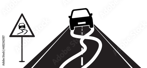 Slippery road. Cartoon car skidding uncontrollably across the highway. warning, vehicle skidding across the road past warning signboard. Traffic, city street. Car skid, traffic sign. car accident icon