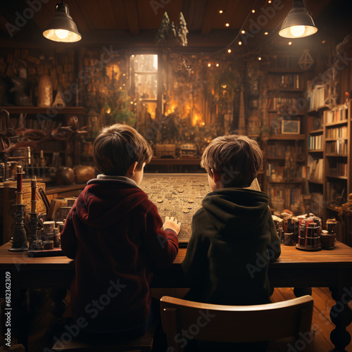 Shown from behind a two young boys both sitting at a large wooden desk in a beautiful office library in a snowy small town telling stories