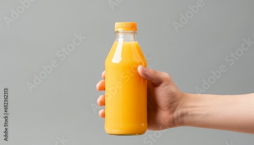 hand holding bottle of fresh orange juice, Juice Bottle Mock-Up - Male hands holding a juice bottle on a gray background photo