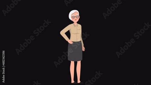 High resolution 2d cartoon old woman character talking on alpha channel background in seamless loop.
