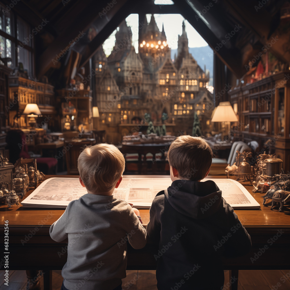Shown from behind a two young boys both sitting at a large wooden desk in a beautiful office library in a snowy small town telling stories