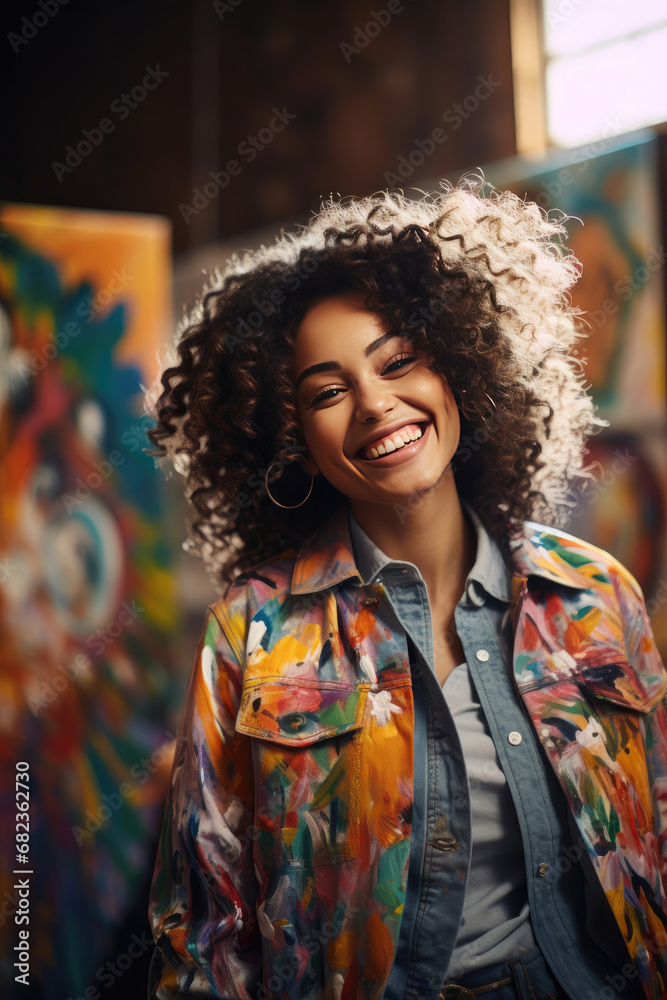 Fototapeta premium Young African American female artist with curly hair smiling in colorful art studio expressing creativity and joy in her lifestyle use in fashion and hobby inspiration themes