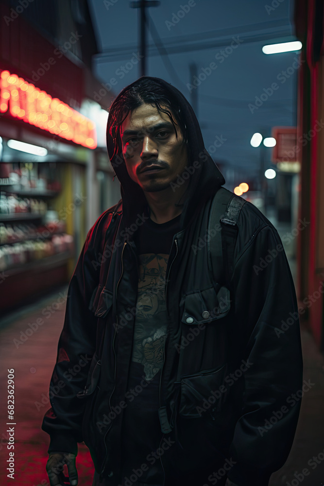 Young man with a contemplative look standing on an urban street at night showcasing modern youth fashion with a moody and dramatic city life atmosphere