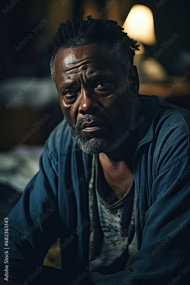 Portrait of a serious mature man of African descent with a contemplative look suggesting character study and narrative in warm ambient light Portrait of a serious mature man of African descent with a contemplative look suggesting character study and narrative in warm ambient light