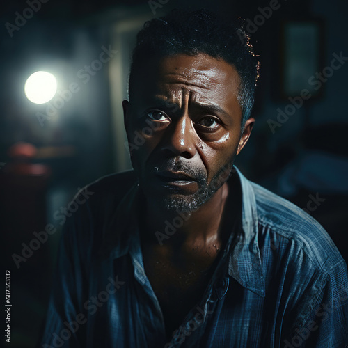Portrait of a pensive middle-aged man with a beard revealing raw emotion and vulnerability in a dark somber atmosphere suitable for narrative storytelling or cultural exploration