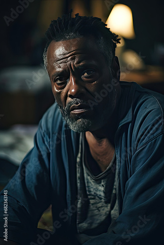 Portrait of a serious mature man of African descent with a contemplative look suggesting character study and narrative in warm ambient light