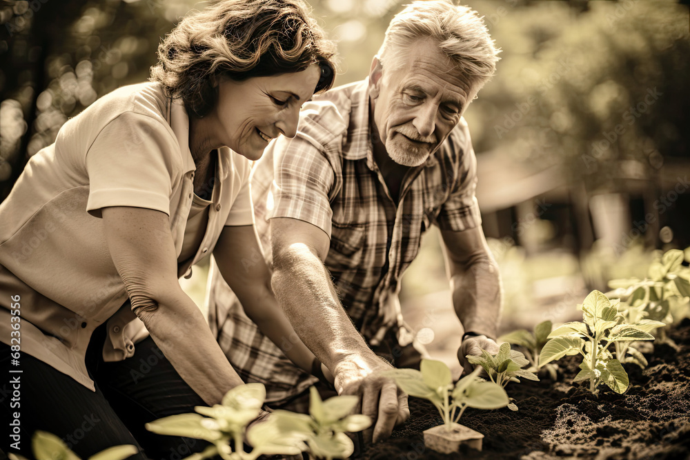 Senior couple enjoying gardening together symbolizing teamwork nature and healthy lifestyle for gardening magazine feature