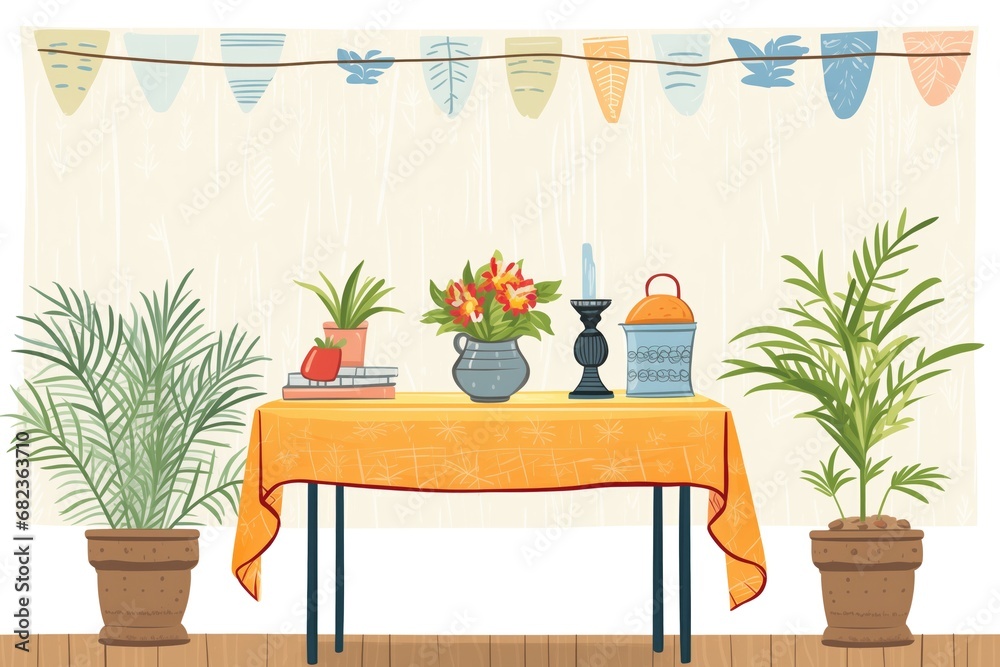 a table adorned with burlap tablecloth and house plants