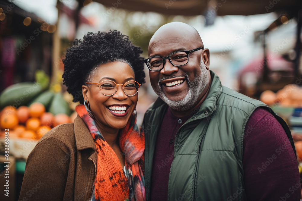 Naklejka premium Affectionate African American middle-aged couple smiling at a vibrant outdoor market suggesting themes of companionship love and community