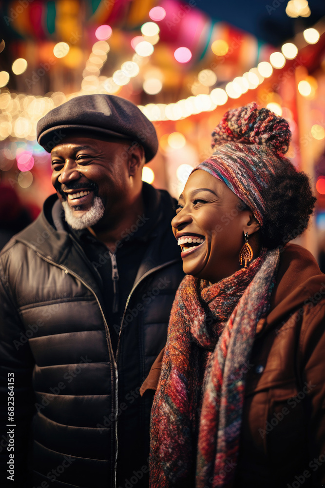 Joyful senior African American couple enjoying a funfair at night depicting leisure happiness and community for lifestyle and relationship themes