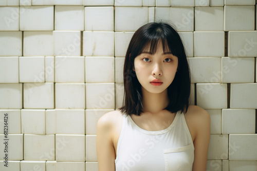 The portrait photo of an attractive Asian female model with natural black hair wearing a white top poses professionally on a white ceramic tile background. Generative AI.