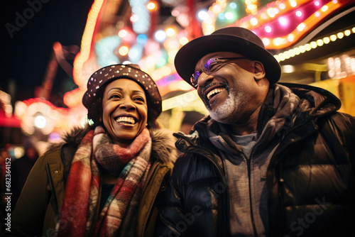 Joyful middle-aged African American couple enjoying a festive night at amusement park highlighting happiness love and leisure