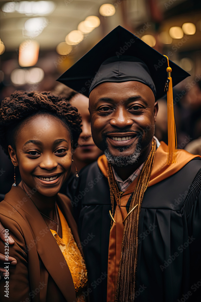 Obraz premium Graduation day celebration for a man and woman of African descent showcasing happiness academic success family support and achievement
